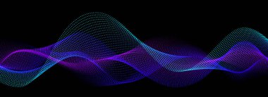 Siyah arkaplanda neon ses dalgası. Hawaii konsepti için soyut dalgalı nokta çizgileri tasarımı, eq dengeleyici, ses kaydı, ses asistanı. Vektör mavi mor eğri çizgili duvar kağıdı