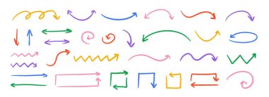 El çizimi ok koleksiyonu. Renkli kıvrımlı, zik zag ve dalgalı karalama okları hazır. Kömür çizimleri ve yön çizgileri. Vektör pastel kalem, tebeşir veya işaret fırçası vuruş elementleri