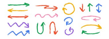 Renkli el boyanmış ok koleksiyonu. Kıvrımlı, zik zag ve düz karalama okları. Kömür çizimleri ve yön çizgileri. Vektör pastel kalem, tebeşir veya işaret fırçası vuruş elementleri