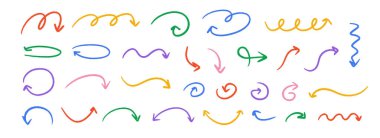 El çizimi, dalgalı ok koleksiyonu. Renkli kavisli, zikzaklı ve karalamalı oklar ayarlandı. Kömür çizimleri ve yön çizgileri. Vektör pastel kalem, tebeşir veya işaret fırçası vuruş elementleri