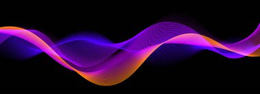 Siyah zemin üzerinde pürüzsüz neon ses dalgası. Hawaii konsepti için soyut dalgalı çizgiler tasarımı, eq dengeleyici, ses kaydı, ses asistanı. Turuncu mavi mor eğri çizgili duvar kağıdı. Vektör