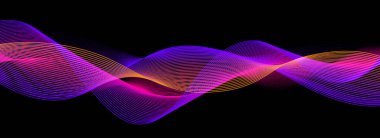 Siyah arkaplanda neon ses dalgası. Hawaii konsepti için soyut dalgalı çizgiler tasarımı, eq dengeleyici, ses kaydı, ses asistanı. Turuncu pembe eğimli eğri çizgili duvar kağıdı. Vektör