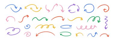 El çizimi, dalgalı ok koleksiyonu. Renkli kavisli, zikzaklı ve karalanmış oklar. Kömür çizimi işaretleyici ve yön çizgileri. Vektör pastel kalem, tebeşir veya işaret fırçası vuruş elementleri