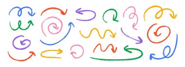 El çizimi, dalgalı ok koleksiyonu. Renkli kıvrımlı, kıvrımlı ve karalanmış oklar hazır. Kömür çizimi işaretleyici ve yön çizgileri. Vektör pastel kalem, tebeşir veya işaret fırçası vuruş elementleri