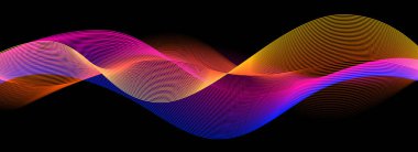 Siyah zemin üzerinde pürüzsüz neon ses dalgası. Hawaii konsepti için soyut dalgalı çizgiler tasarımı, eq dengeleyici, ses kaydı, ses asistanı. Sarı, mavi, eğimli, eğri, çizgili duvar kâğıdı. Vektör