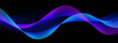 Siyah arkaplanda mavi mor neon ses dalgası. Hawaii konsepti için soyut dalgalı nokta çizgisi tasarımı, eşitleyici, ses kaydı, ses asistanı. Parlak eğimli vektör eğri çizgili duvar kağıdı