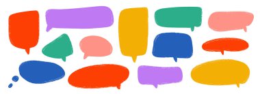 Renkli el çizimi konuşma balonu koleksiyonu. Oyuncu Karalanmış işaretleme kutusu seti. Yazılı, dokulu, komik konuşma çerçeveleri. Parlak çizilmiş sohbet kutusu paketi. Kırmızı ve mavi balon mesaj kutusu. Vektör 