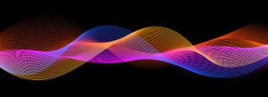 Siyah zemin üzerinde pürüzsüz neon ses dalgası. Hawaii konsepti için soyut dalgalı çizgiler tasarımı, eq dengeleyici, ses kaydı, ses asistanı. Mavi pembe turuncu eğri çizgili duvar kağıdı. Vektör
