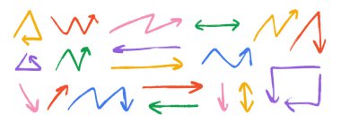 El çizimi ok koleksiyonu. Renkli zig zag ve düz karalama okları. Kömür çizimleri, açılı işaretler ve yön çizgileri. Vektör pastel kalem, tebeşir veya işaret fırçası vuruş elementleri