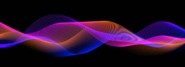 Siyah zemin üzerinde pürüzsüz neon ses dalgası. Hawaii konsepti için soyut dalgalı çizgiler tasarımı, eq dengeleyici, ses kaydı, ses asistanı. Mavi, turuncu, mor, gradyan, duvar kağıdı. Vektör