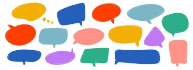 Renkli el çizimi konuşma balonu koleksiyonu. Çizilmiş pencere kutusu seti. Çizgili çizgili çizgi roman sohbet çerçeveleri. Kırmızı, mavi, yeşil balon mesaj kutusu. Parlak çizilmiş sohbet kutusu paketi. Vektör 