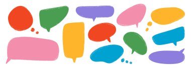 Renkli el çizimi konuşma balonu koleksiyonu. Çizilmiş pencere kutusu seti. Çizgili çizgili çizgi roman sohbet çerçeveleri. Kırmızı, mavi, yeşil, pembe balon mesaj kutusu. Parlak çizilmiş sohbet kutusu paketi. Vektör 