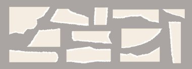 Açık bej yırtık kağıt parçaları. Yırtılmış kağıt şeritleri koleksiyonu. Kolaj, metin kutusu, afiş, etiket, poster için pürüzlü kenarları olan şekiller ve elementler. Vektör karton doku parçaları