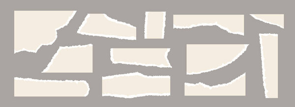 Набор светло-бежевых порванных бумажных листов. Коллекция разорванных полосок бумаги. Формы и элементы с неровными краями для коллажа, текстового поля, баннера, наклейки, плаката. Фрагменты текстуры векторного картона