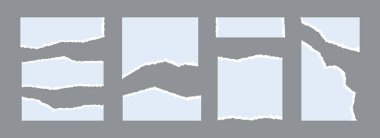 Yırtık kağıt parçaları. Açık mavi yırtık kağıt şerit koleksiyonu. Kolaj, metin kutusu, afiş, etiket, poster için pürüzlü kenarları olan şekiller ve elementler. Vektör desenli karton parçaları