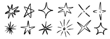 Pastel boya ile çizilmiş yıldızlar ve ışıltılar. Çocuksu karalama koleksiyonu. Grunge kaba fırça darbesi parlatıcı element paketi kolaj, poster, çıkartma, etiket. Siyah çizilmiş kalem sembolleri. Vektör