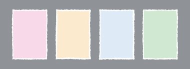 Yırtık kağıt çerçeve arka planlar. Sivri kenarlı renkli boş duvar kağıtları. Poster, metin kutusu, afiş, kolaj, çıkartma için sökülmüş grunge element paketi. Vektör dikdörtgen araç arkaplanı