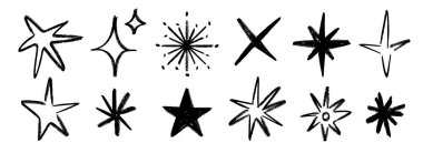 Pastel boya ile çizilmiş yıldızlar ve ışıltılar. Çocuksu karalanmış kıvılcım koleksiyonu. Grunge kaba fırça darbesi parlatıcı element paketi kolaj, poster, çıkartma, etiket. Siyah kalem çizilmiş semboller. Vektör