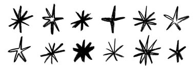 Pastel boya ile çizilmiş yıldızlar. Çocuksu karalanmış kıvılcımlar ve pırıltılar koleksiyonu. Grunge kaba fırça darbesi parlatıcı element paketi kolaj, poster, çıkartma, etiket. Siyah kalem çizilmiş semboller. Vektör