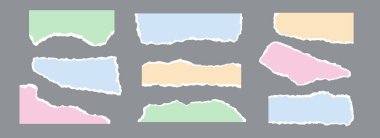 Renkli yırtık kağıt parçaları. Yırtılmış kağıt şeritleri koleksiyonu. Etiket, kolaj, metin kutusu, afiş ve poster için pürüzlü kenarları olan elementler ve şekiller. Vektör karton doku parçaları