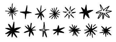 Siyah pastel boya ile çizilmiş yıldızlar. Çocuksu karalanmış kıvılcımlar ve pırıltılar koleksiyonu. Grunge kaba fırça darbesi parlatma elementi kolaj, poster, çıkartma için paket. Kurşun kalemle çizilmiş güneş sembolleri. Vektör