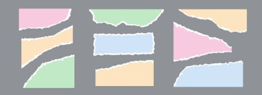 Renkli yırtık kağıt parçaları. Yırtılmış kağıt şeritleri koleksiyonu. Etiket, kolaj, metin kutusu, afiş ve poster için pürüzlü kenarları olan elementler ve şekiller. Vektör karton doku parçaları