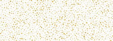 Altın yıldız konfetisi kusursuz desen. Altın parıltısı arka planda tekrarlanıyor. Sarı, parlak, tekrar eden duvar kâğıdı. Vektör kutlaması Noel, yeni yıl, düğün veya doğum günü partisi arkaplanı