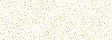 Altın yıldız konfetisi kusursuz desen. Altın parıltısı arka planda tekrarlanıyor. Sarı parlayan konfeti tekrar eden duvar kağıdı. Vektör Noel, Yeni Yıl, düğün veya doğum günü partisi kutlaması arka planı