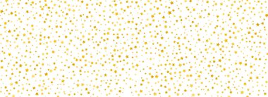 Altın yıldız konfetisi kusursuz desen. Altın parıltısı arka planda tekrarlanıyor. Sarı parlak konfeti duvar kağıdını tekrarlıyor. Noel, yeni yıl, düğün ya da doğum günü partisi arkaplanı. Vektör