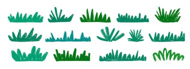 El yapımı çalılar ve çim koleksiyonu. Yeşil pastel boya seti. Karalanmış çalılar, bohça şeklinde. Kalemle çizilmiş yaprak parçaları. Çizgili yeşil bitkiler paketi. Vektör illüstrasyonu