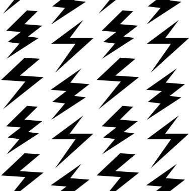 Siyah yıldırımlar kusursuz desen. Yıldırımlar arka planda tekrarlıyor. Fırtına ve yıldırım çarpması duvar kağıdı. Yüksek voltaj sembolleri. Rock müzik arkaplanı. Vektör