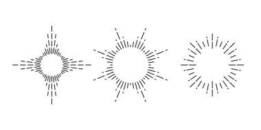 Retro güneş patlaması çerçeveleri ayarlandı. Klasik güneş ışınları koleksiyonu. Şekil verilmiş güneş ışığı, radyal ışınlar, güneş ışınları, havai fişekler, patlama sembolleri. Vektör tasarım ögeleri 