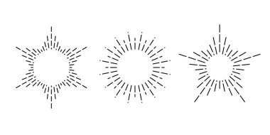 Retro güneş patlaması çerçeve seti. Klasik güneş ışınları koleksiyonu. Stilize güneş ışığı, radyal ışınlar, güneş ışınları, havai fişekler, patlama sembolleri. Vektör tasarım ögeleri 