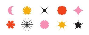 Soyut yıldızlar ve çiçekler koleksiyonu şekillendirir. İsviçre ya da Bauhaus tarzında ilkel geometrik formlar. Afişler, afişler, kolajlar için hazırlanmış acımasız unsurlar. Vektör işaretleri. 