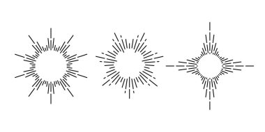 Retro güneş patlaması çerçeveleri ayarlandı. Klasik güneş ışınları koleksiyonu. Şekil verilmiş güneş ışığı, radyal ışınlar, güneş ışınları, havai fişekler, patlama sembolleri. Vektör çizgisi tasarım elemanları 