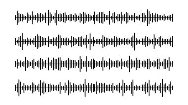 Siyah ses dalgaları ayarlandı. Müzik, podcast, ses kaydı örnekleri veya sesli mesajlar. Eşitleyici elementler koleksiyonu. Diyagram, grafik ya da sinyal konseptleri. Vektör