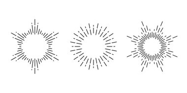 Retro güneş patlaması çerçeveleri ayarlandı. Klasik güneş ışınları koleksiyonu. Stilize güneş ışığı, radyal ışınlar, güneş ışınları, havai fişekler, yıldız ışığı, patlama sembolleri. Vektör tasarım ögeleri 