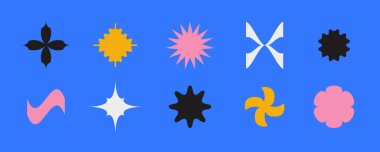 Geometrik ilkel şekiller koleksiyonu. Soyut yıldızlar, çiçekler, İsviçre ya da Bauhaus tarzı dalgalar. Memphis elementleri poster, bayrak ve kolaj için paketlenir. Vektör işaretleri ayarlandı. 