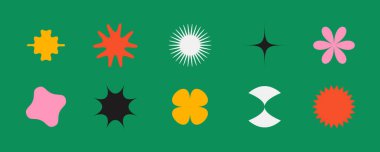 İlkel geometrik şekiller ayarlandı. Renkli soyut yıldızlar ve çiçekler İsviçre ya da Bauhaus tarzında oluşur. Afişler, afişler, kolajlar için farklı vahşilik unsurları koleksiyonu. Vektör işaretleri. 