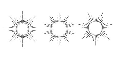Retro güneş patlaması çerçeveleri ayarlandı. Klasik güneş ışınları koleksiyonu. Şekil verilmiş güneş ışığı, radyal ışınlar, güneş ışınları, havai fişekler, patlama sembolleri. Vektör çizgisi güneş tasarımı elementleri 