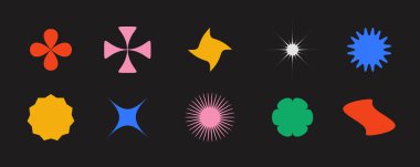 İlkel geometrik şekiller ayarlandı. Soyut yıldızlar ve çiçekler İsviçre ya da Bauhaus tarzında koleksiyon oluştururlar. Poster, pankart, kolaj, ikon, logo için hazırlanmış acımasız unsurlar. Vektör modern biçimler ve işaretler. 