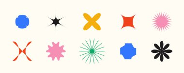 İlkel geometrik şekiller koleksiyonu. Soyut yıldızlar ve çiçekler İsviçre ya da Bauhaus tarzında şekillenir. Poster, bayrak ve kolaj için hazırlanmış acımasız unsurlar. Vektör işaretleri. 