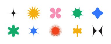 Geometrik ilkel şekiller koleksiyonu. İsviçre ya da Bauhaus tarzı soyut yıldız ve çiçek formları. Memphis elementleri poster, bayrak ve kolaj için paketlenir. Vektör işaretleri ayarlandı. 