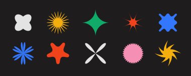 İlkel geometrik şekiller koleksiyonu. Soyut yıldızlar ve çiçekler İsviçre ya da Bauhaus tarzında şekillenir. Poster, pankart, kolaj, ikon, logo için hazırlanmış acımasız unsurlar. Vektör modern biçimler ve işaretler. 