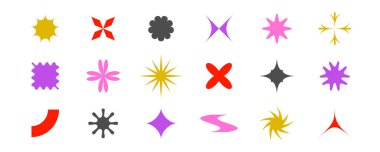 Soyut yıldızlar, çiçekler, dalgalar, haçlar dizilmiş. İsviçre, Bauhaus ya da Memphis tarzında ilkel geometrik formlar koleksiyonu. Afişler, afişler, kolajlar için acımasız unsurlar. Vektör işaretleri paketi. 