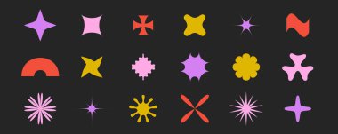 İlkel geometrik formlar koleksiyonu. Soyut yıldızlar, çiçekler, İsviçre, Bauhaus ya da Memphis tarzı güneş patlamaları. Afişler, afişler, kolajlar için vahşi unsurlar paketlenir. Vektör işaretleri paketi. 