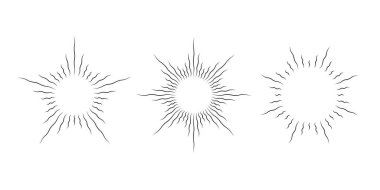 Retro kıvrımlı güneş patlaması çerçeveleri ayarlandı. Klasik dalgalı güneş ışınları paketi. Bükülmüş radyal güneş ışınları logo, etiket, rozet ve afişler için elementler tasarlıyor. Vektör illüstrasyon koleksiyonu