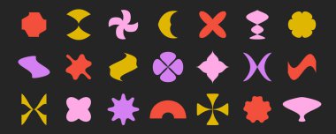 Soyut yıldızlar, çiçekler, dalgalar, haçlar koleksiyon şekilleri. İsviçre, Bauhaus ya da Memphis tarzında ayarlanmış ilkel geometrik formlar. Afişler, afişler, kolajlar için vahşi unsurlar paketlenir. Vektör işaretleri paketi. 