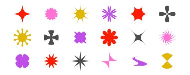 İlkel geometrik formlar koleksiyonu. Soyut yıldızlar, çiçekler, haçlar, İsviçre, Bauhaus veya Memphis tarzında güneş patlaması şekilleri. Afişler, afişler, kolajlar için vahşi unsurlar paketlenir. Vektör işaretleri paketi. 