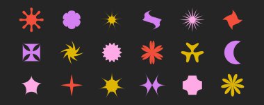 Soyut yıldız, çiçek, güneş patlaması, çapraz şekil koleksiyonu. İsviçre, Bauhaus ya da Memphis tarzında ayarlanmış ilkel geometrik formlar. Afişler, afişler, kolajlar için vahşi unsurlar paketlenir. Vektör işaretleri paketi. 